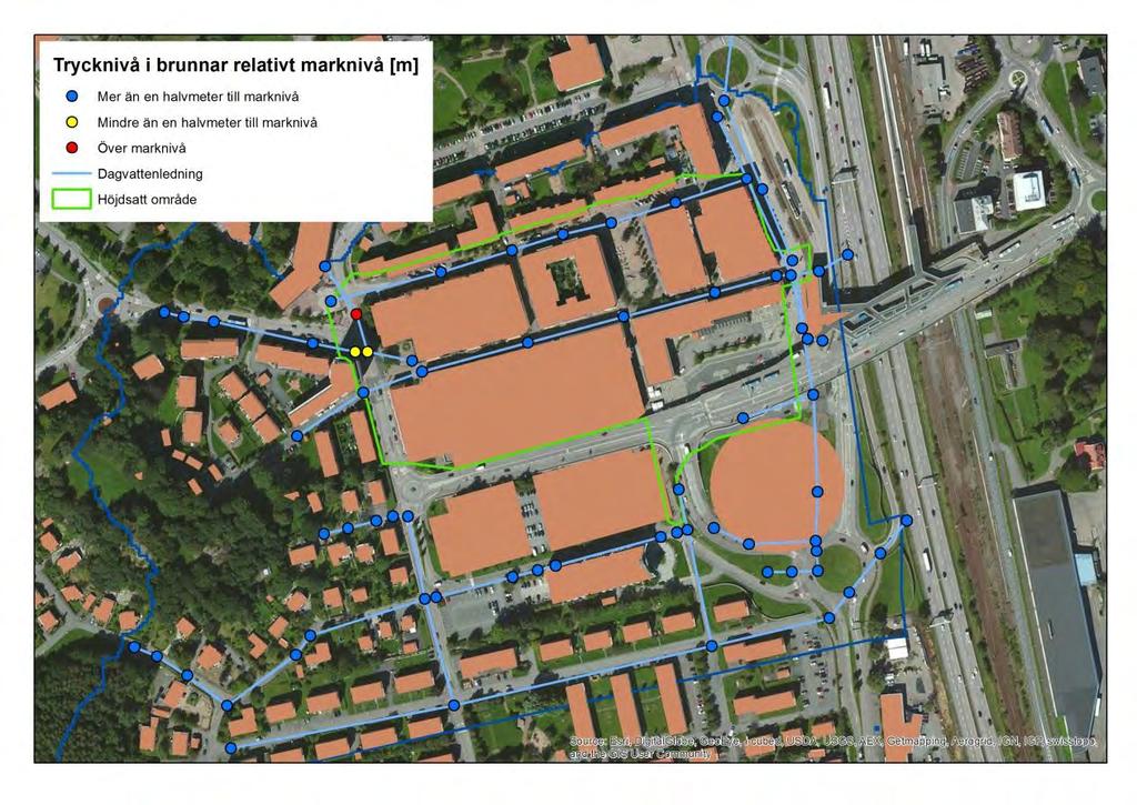 Figur 5.2-4 Översvämmade brunnar vid kontrollberäkning av ledningsnätets kapacitet med ett dimensionerande 10-årsregn.