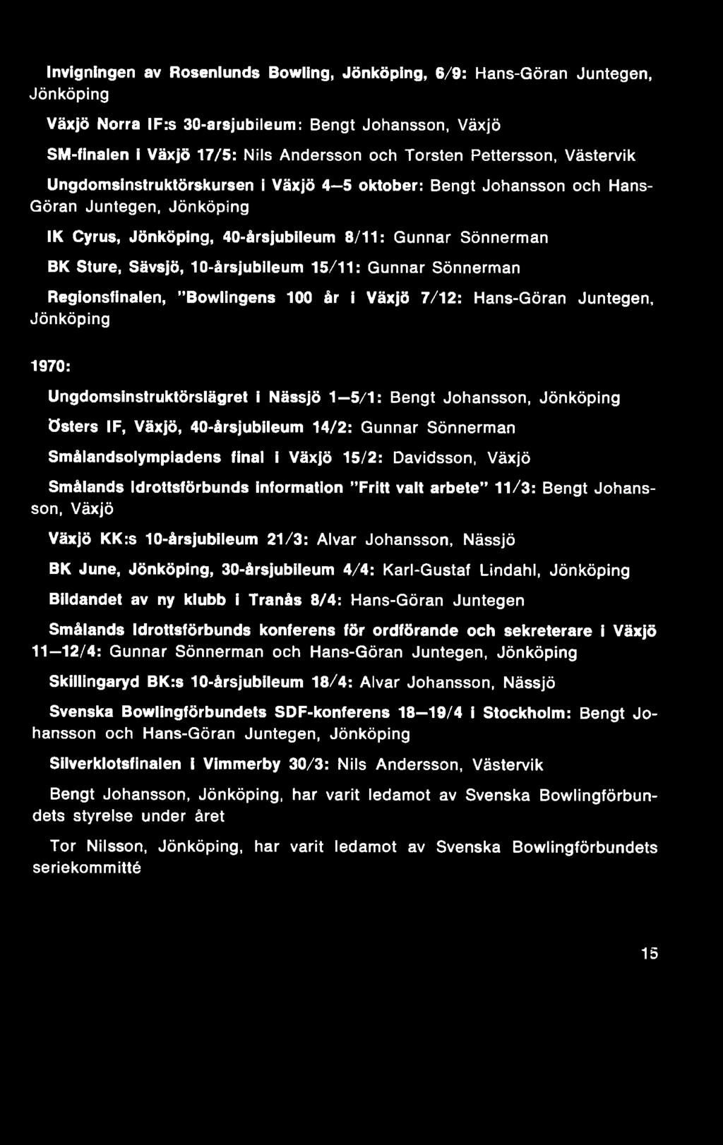 KK:s 10-årsjubileum 21/3: Alvar Johansson, Nässjö BK June, Jönköping, 30-årsjubileum 4/4: Karl-Gustaf Lindahl, Jönköping Bildandet av ny klubb i Tranås 8/4: Hans-Göran Juntegen Smålands