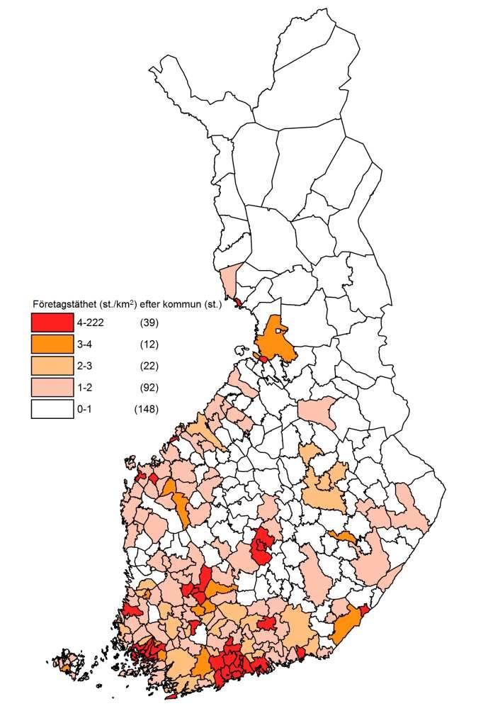 18 (55) Figur 1. Täthet av företagens arbetsställen efter kommun (Statistikcentralen 2016) 33 Följande karta visar antalet fasta förbindelser teleföretagen har per kommun.