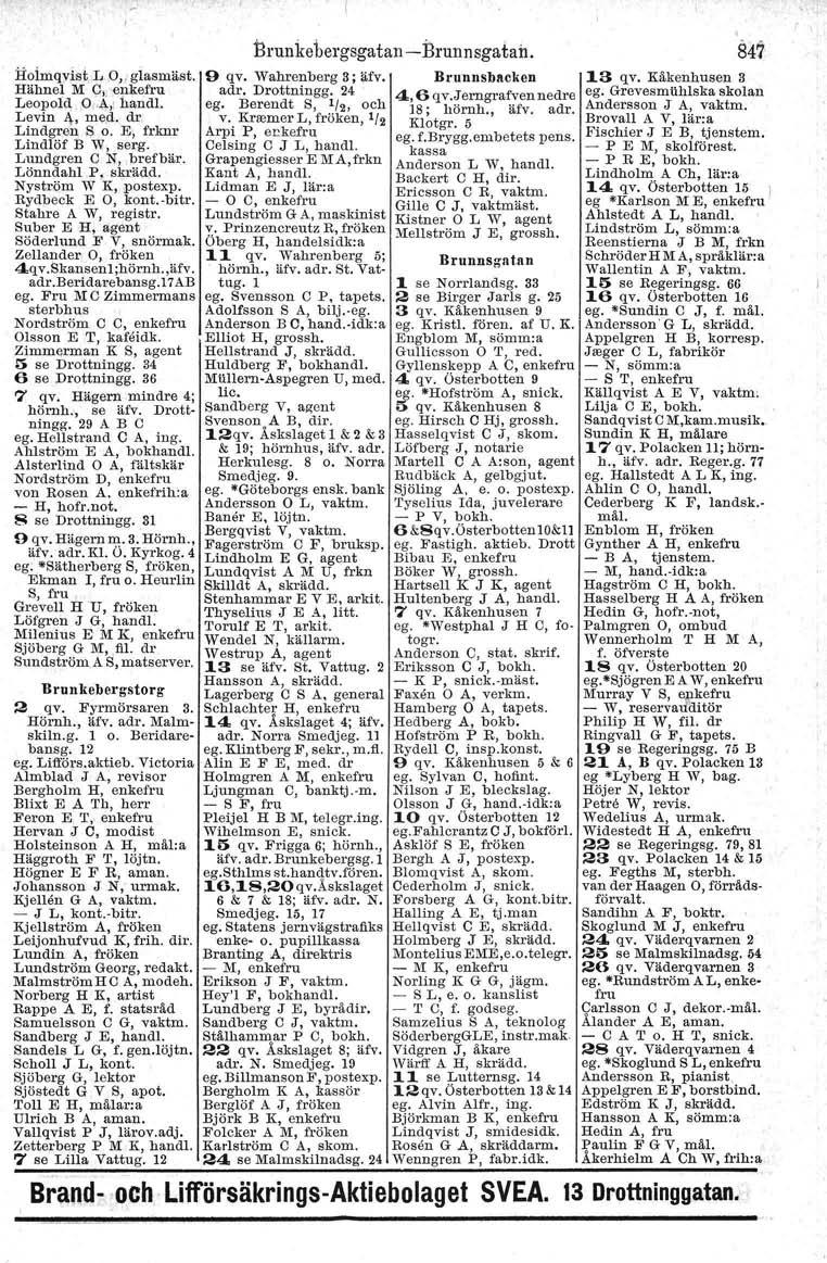 Brunkebergsgatan - Brunnsgatan. :Hoimqvist. L 0" glasmast. 9 qv, Wahrenberg 3; ~fv. Br unnsbaeken 13 qv. Kåkenhusen 3 Hähne~ M O, enkefru adr, Drottningg. 24 4,6 qv.