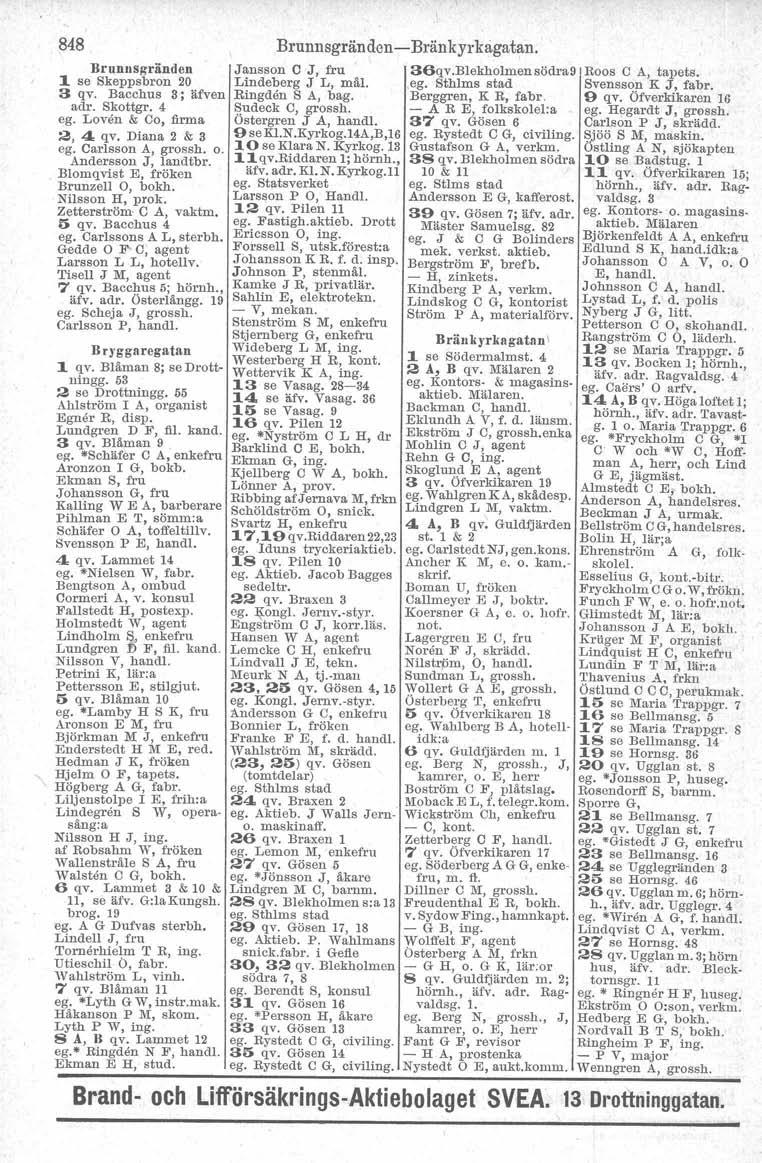 848 Brunnsgränden 1. se Skeppsbron 20 3 qv. Bacchus 3; äfven adr. Skottgr. 4 ego Loven & Co, firma 2, 4 qv. Diana 2 & 3 ego Carlsson A, grossh. Q. Andersson J, landtbr.