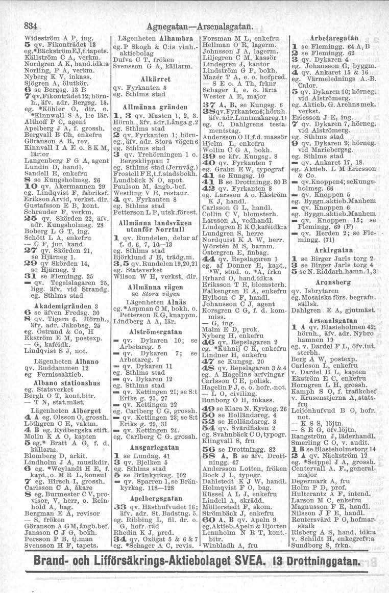 834 Wtdeström A P, iug. 5 qv. Fikonträdet 13 og.-bäckbtrömej,f.tapets, Källström C A, verkm. Nordgren A K, hand.idk:a Norling, P A, verkm. Nyberg K V, inkass. Sjögren A, ölutkör. 6 Be Bergsg.