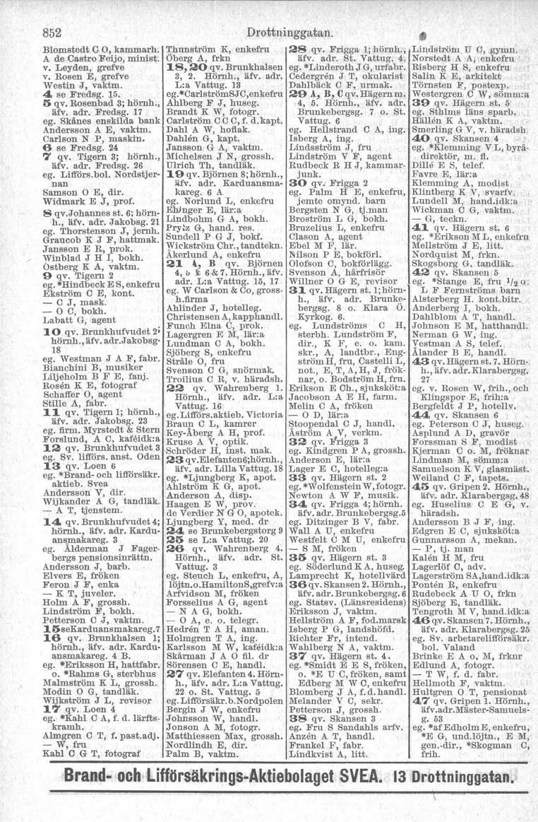 852 Blomstedt C O, kammarh, A de Castro Feijo, minist. v. Leyden, grefve v. Rosen E, grefve Westin J, vaktm. 4. se Fredsg. 15. 5 qv. Rosenbad 3; hörnh., äfv. adr. Fredsg. 17 ego Skänes enskilda bank Andersson A EJ vaktm.