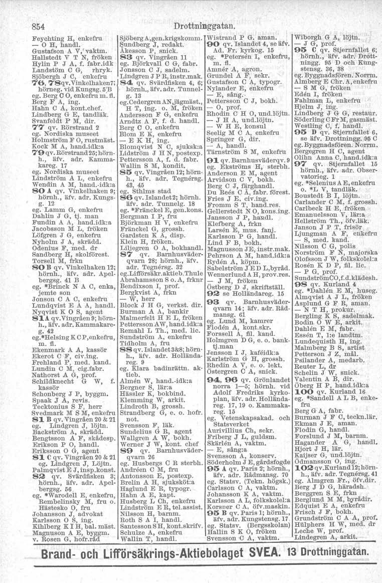 854 Feychting - H, handl. H, enkefru Gustafson A V,' vaktm. Hallstedt V T N, fröken Hylin P J A, f. fabr.idk Landstöm C G, rhryk. Sjöbergh J C, enkefru 76,78qv.Vinkelhaken7; hörneg. vid Kungsg.