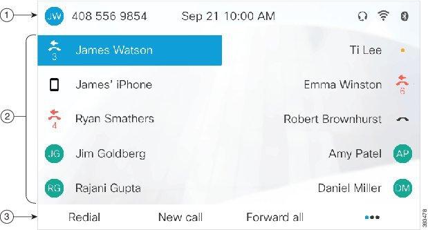 Göra rent telefonskärmen Din telefon Figur 2. Skärmen på Cisco IP Phone 8800 1 2 3 Högst upp på skärmen finns den övre raden.