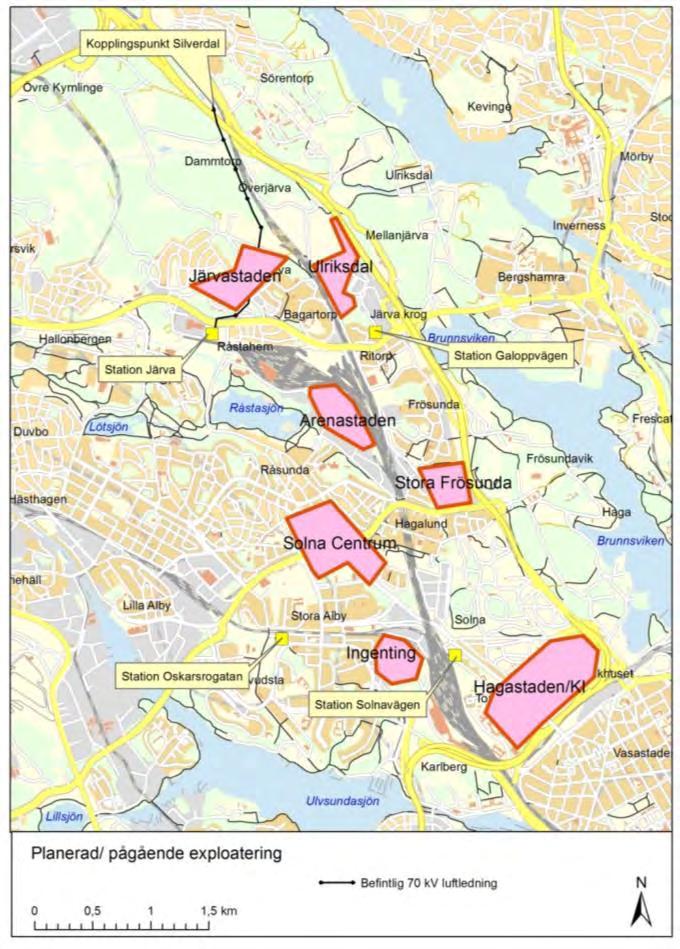 Figur 1.2. Skiss över områden inom Solna stad där exploateringar planeras eller pågår. 1.1.1 Järva Delprojektet Järva, innebär att ca 2,2 km luftledning (med driftspänning 77 kv) kan raseras mellan en kabelstolpe i höjd med Silverdal och station Järva.