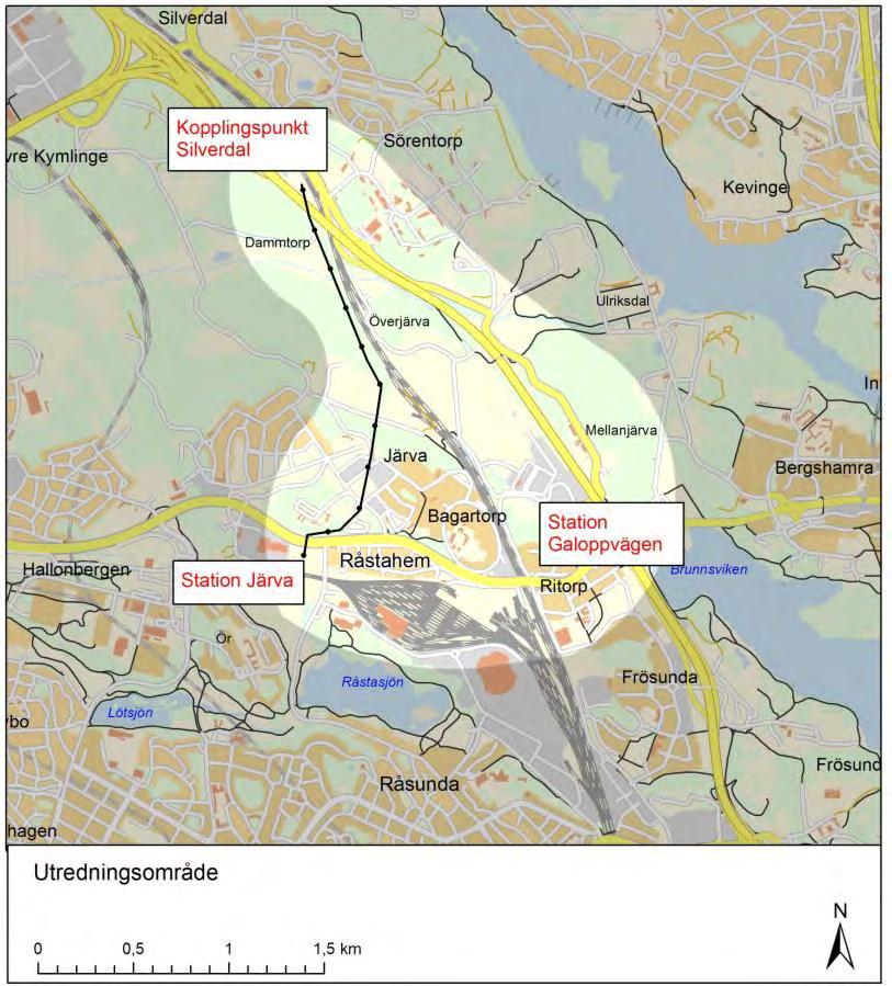 Figur 3.1. Det ljusare området visar aktuellt utredningsområde vari stråk har identifierats för att slutligen resultera i alternativa sträckningar. 3.3 Utredda stråk Inom utredningsområdet har stråk definierats utifrån givna förutsättningar, t.