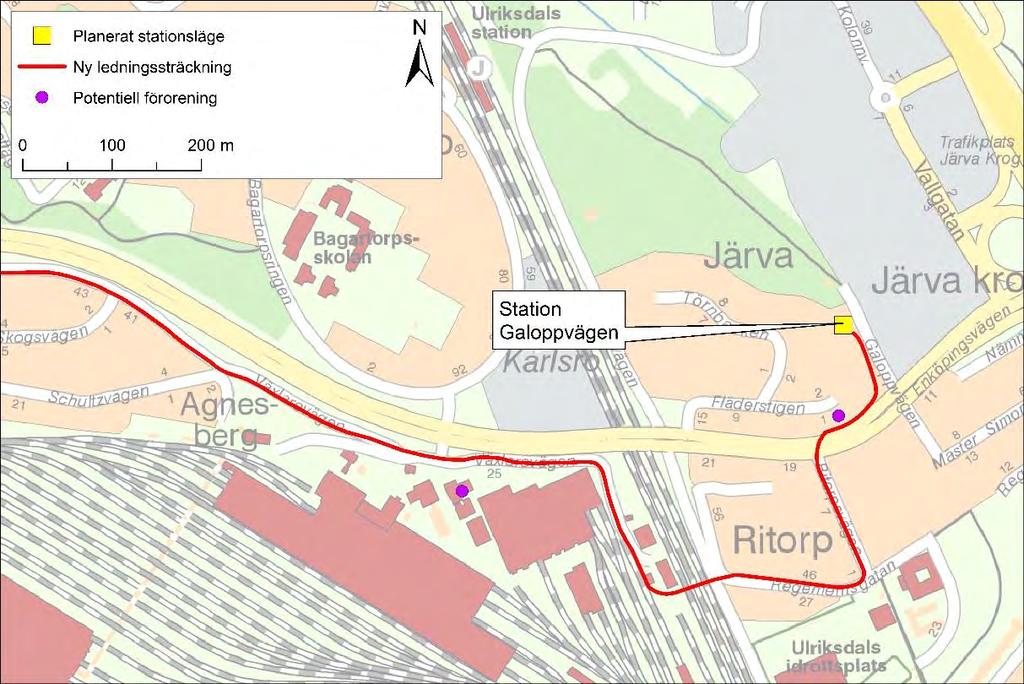 Figur 8.10 Potentiellt förorenad mark i anslutning till ledningssträckningen.