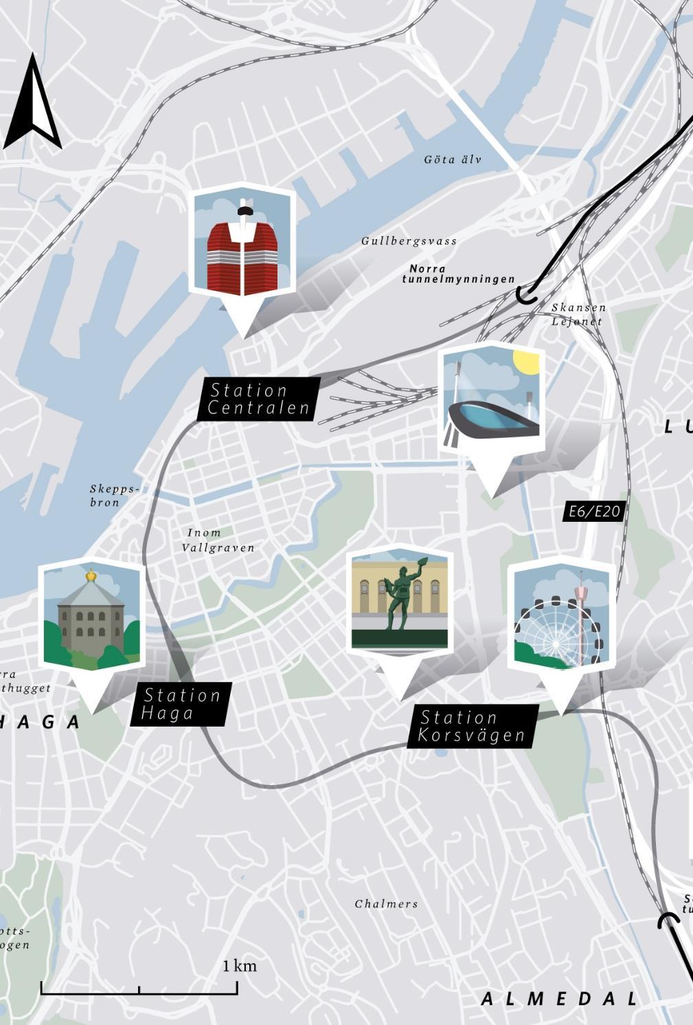 Västlänkens sträckning Cirka 8 km dubbelspårig järnväg. Drygt 6 km i tunnel genom centrala Göteborg. För pendeltåg och regiontåg.