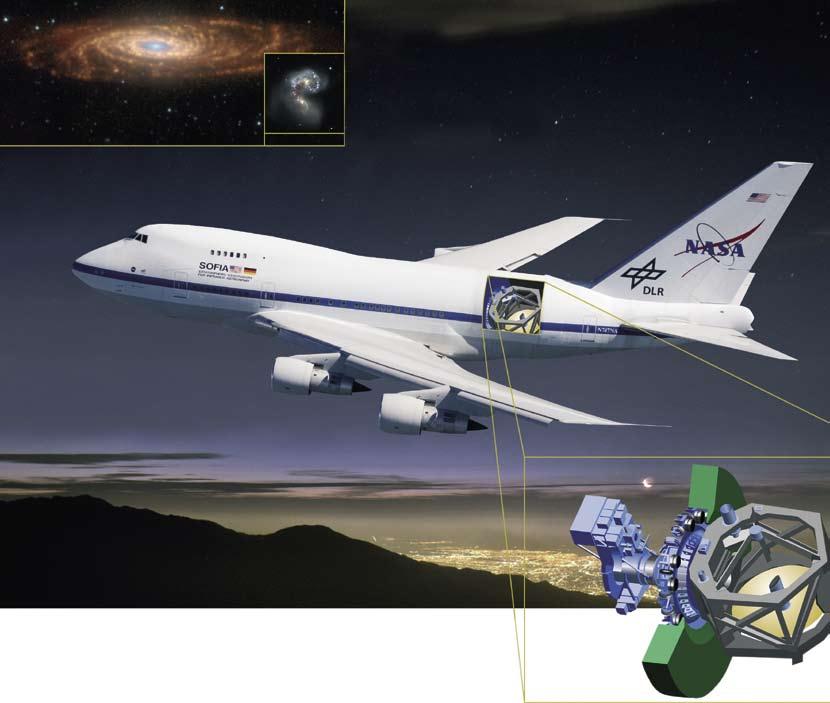 Genom att flyga upp på hög höjd kan telesko infraröda ljus som är dolt för landbaserade te tenpartiklar i den lägre delen av atmosfären ä Till vänster syns stjärnbilden Orion, dels med med infrarött
