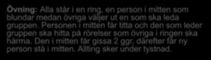 Vem är det som leder? Övning: Alla står i en ring, en person i mitten som blundar medan övriga väljer ut en som ska leda gruppen.