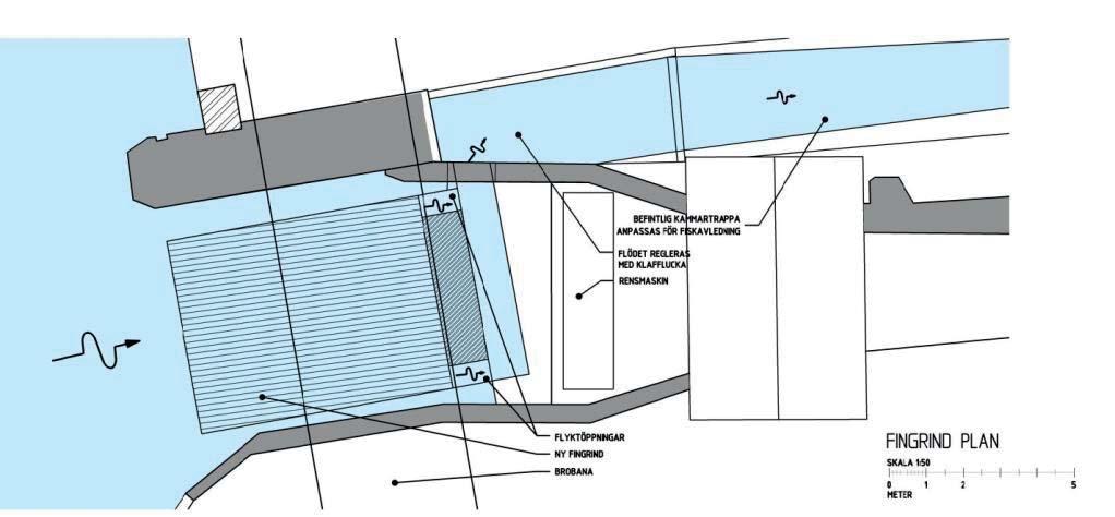 11 (27) Grindens area uppgår till ca 40 m 2 vilket innebär att vattenhastigheten vinkelrätt gallret vid full drift understiger 0.5 m/s. Figur 8. Fingrind, planvy. Se bilaga 3. Figur 9.