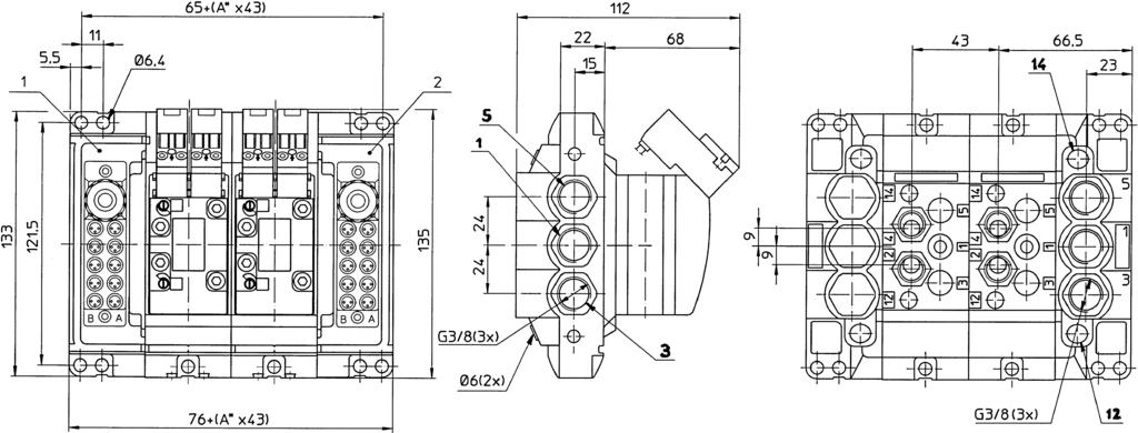 2 x 3/2-, 5/2- och 5/3-ventiler Serie 590 Kompletta ventilramper, ISO 1 Valve unit, bottom ported, size ISO 1 *A = Antal