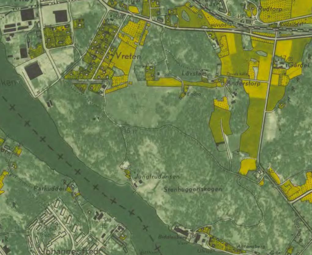 Bilaga 2 Historiska kartor Ekonomiska kartan (1950-tal) Ekonomiska kartan från 1950-talet visar bland annat att sammanhängande skog sträcker sig från