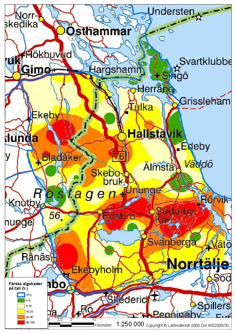 Bil. 6 Norrtälje N vfo (område6),betestrycksinventering 2010 Genomsnittlig andel färska skador för Norrtälje N vfo: 13,0 % Ovanstående karta visar grovt hur