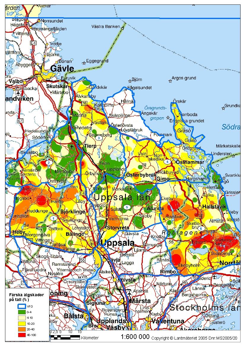 Bild 2a Inventeringsområden samt skadefrekvens 2010 i Uppsala län samt del av Stockholms län (4 skadenivåer varav ett intervall (0-4 % färska skador) kopplar till sektorsmål) Genomsnittlig andel