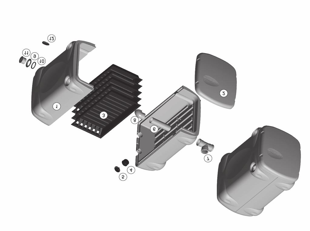 Delförteckning Fritid 1 Stomme 2 Lock 3 Filterlåda 4 Hatt för ventilationsrör 5 Rör 75 x 200 mm, 2 st 6 Mufförgrening 75/75 mm 7 Rör 75 x 385 mm med muff 8 Inloppsrörets ända 9 Låsstropp 10 Bricka