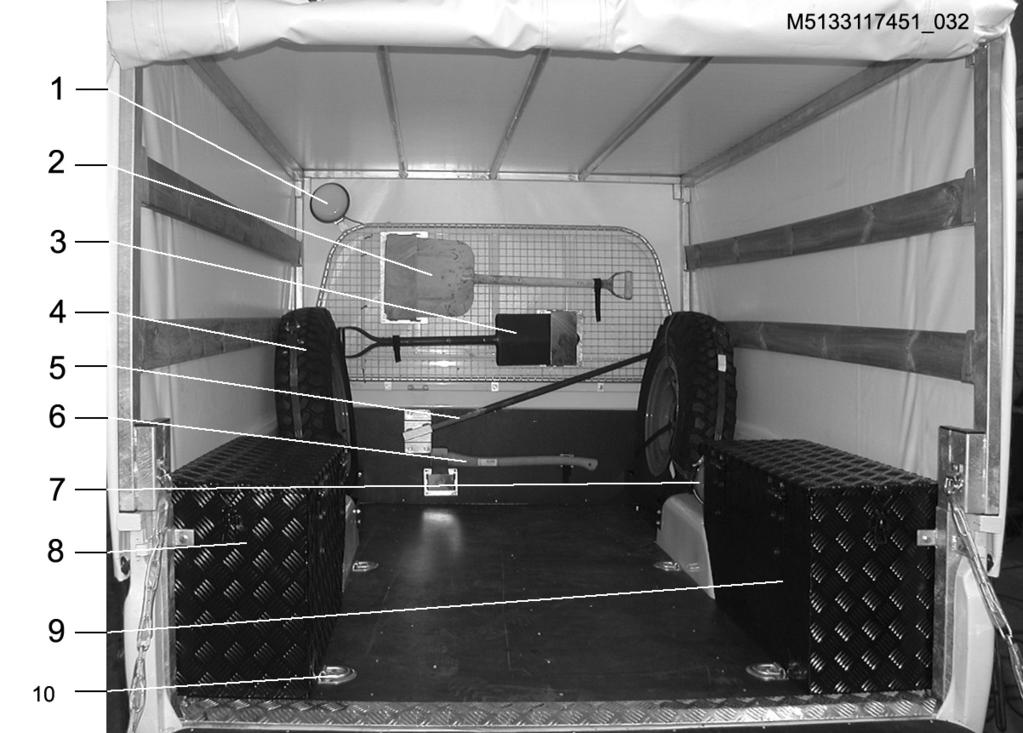 Konstruktion och funktion Lastterrängbil 1T, Flak 2M, 4x4 Bild 17. Placering av tillbehör 1. Arbetsbelysning 2.