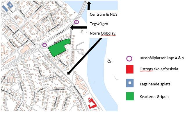 Sida 3 av 17 - Rådhuset ca 1000 m - Norrlands universitetssjukhus ca 2500 m Planområdet avgränsas från övriga Teg av två större trafikleder och från centrala Umeå av Umeälven.
