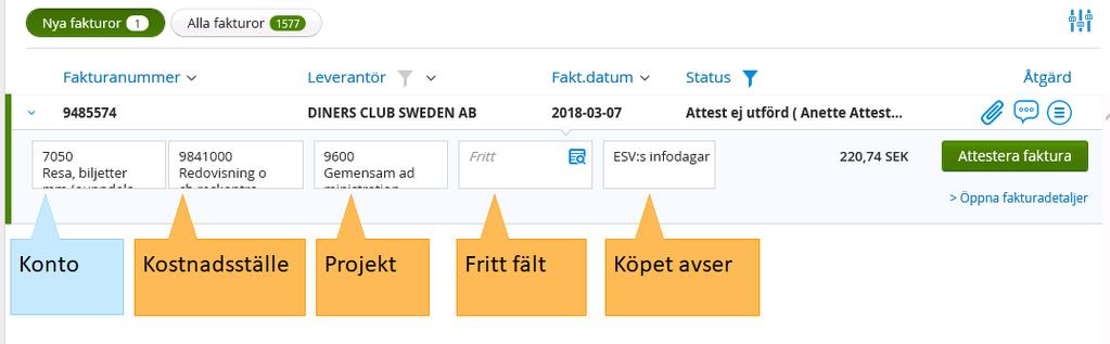 fakturans logg för att se vilka som haft fakturan innan dig (fakturans historik). Du hittar den i pratbubblan eller genom att klicka på cirkeln under Åtgärd och välja Visa logg och kommentarer.