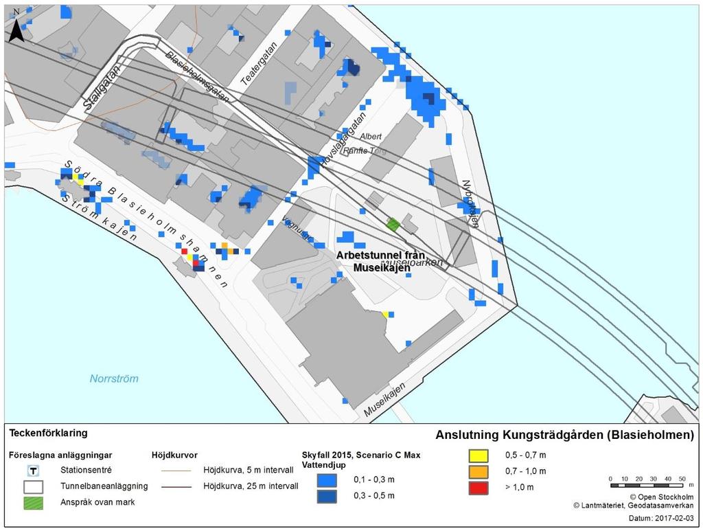 5.8 Anslutning Blasieholmen Mynningen till arbetstunneln från Museikajen ligger inte i en lågpunkt (se Figur 12) och bedömningen är att det inte finns risk för vattenansamling här.