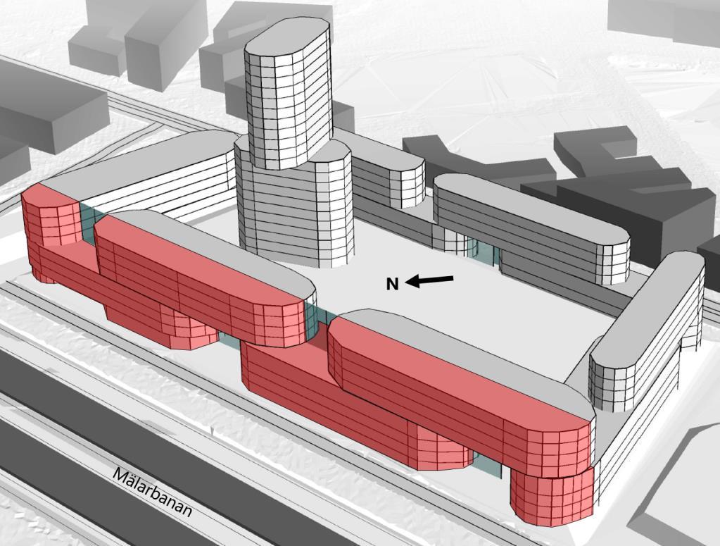 6 Kommentarer 6.1 Kontor I byggnader utmed järnvägsspåret planeras kontor, se figur 18 nedan. Dessa kontorsbyggnader skärmar bakomvarande byggnader avsedda för bostäder.