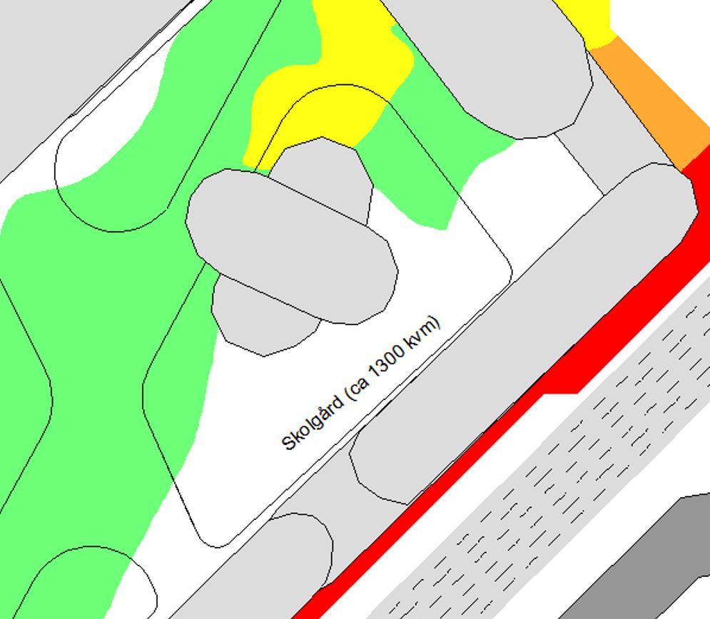 Figur 24. Ekvivalent ljudnivå 1,5 meter över mark vid skolgård förslag på bullerskyddsskärm markerad med röd streckad linje. Figur 25.