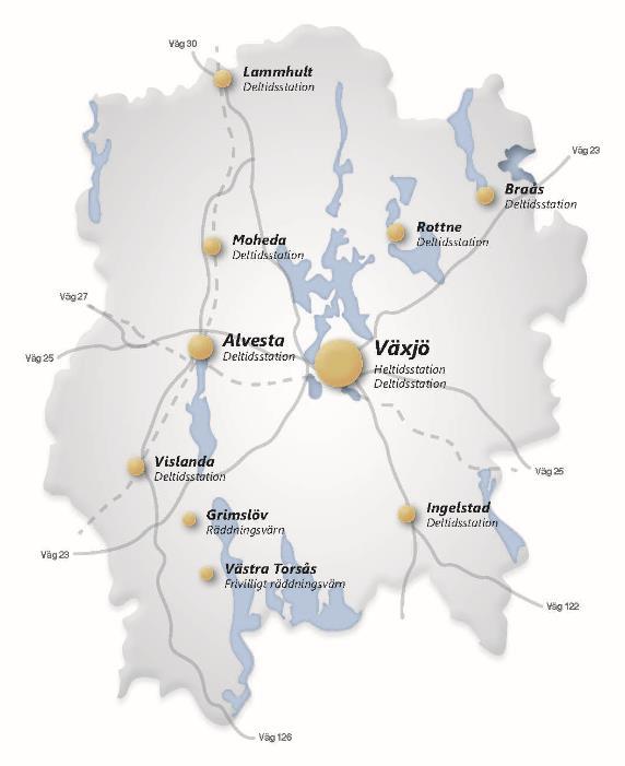 4 (17) Operativ organisation Värends räddningstjänsts operativa organisation består av en heltidsstyrka och en deltidsstyrka i Växjö tätort samt sju deltidsstyrkor i tätorterna Alvesta, Braås,