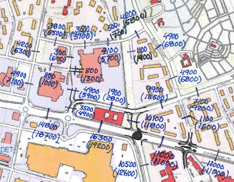 Rapport -12032300 Figur 4 Trafikflöden för situation trafikprognos år 2030. Figuren visar ÅDT för prognosår 2030 inom parenteserna. 4. Utförda beräkningar Beräkningarna har utförts enligt Nordiska beräkningsmodeller för vägtrafikbuller, SNV rapport 4653 och genomförts i programmet SoundPlan ver 7.