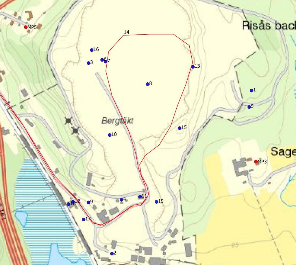 Figur 27. Antagna källplaceringar för definierat brytskede 1. 9.2.2 Drift vardagar kvällstid och lördagar dagtid Förutsättningar: Samma driftfall som startläge men även betongfabriken i drift.