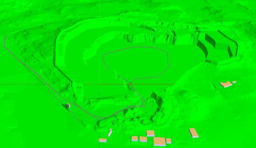 9.4 Brytskede 3 Uppbyggd 3-D modell av Kålleredstäkten motsvarande definierat brytningsläge 3, dvs. verksamhet under etapp 3 (3-4 år efter uppstart), redovisas i figur 31. Figur 31.