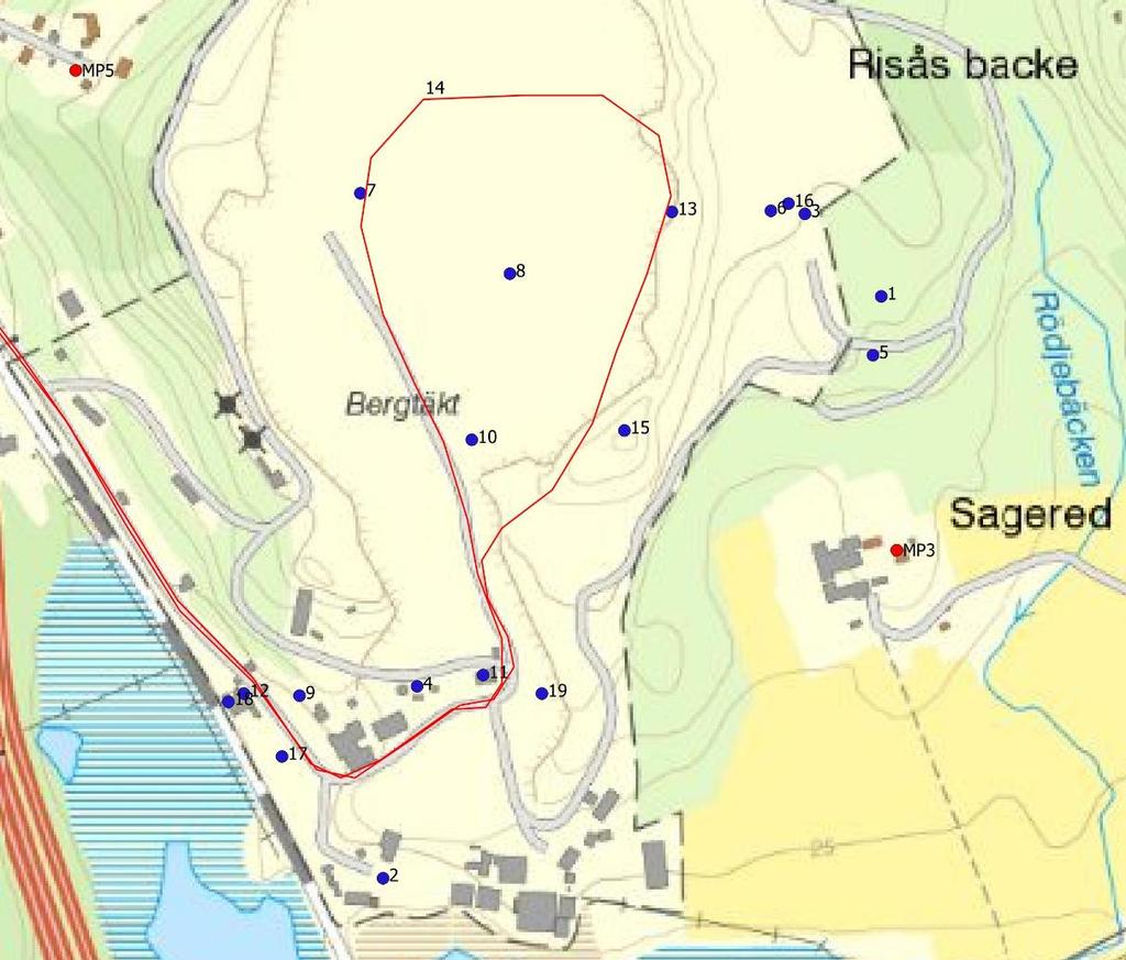 Figur 34. Antagna källplaceringar för definierat brytskede 3, borrplacering 3c 9.4.2 Drift vardagar kvällstid och lördagar dagtid Förutsättningar: Drift som dagtid men utan tåglastning, borr, förkross, efterkross, skutknackning, asfaltverk (Skanska) och transportband.