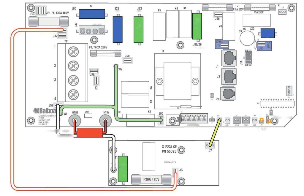 Kopplingskonfiguration och DIP-inställningar Inställning 1 (vid tillverkning) 230 V Pump 1, 2 hastigheter 230 V Ozon 3,0 kw Värmare 230 V Pump 2, 1 hastighet 10 V Spabelysning Deluxe huvudpanel 230 V
