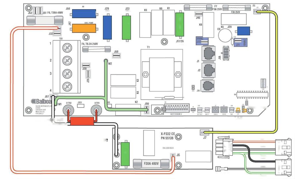 Kopplingskonfiguration och DIP-inställningar Inställning 2 230 V Pump 1, 2 hastigheter 230 V Ozon 3,0 kw Värmare 230 V Pump 2, 1 hastighet 230 V Cirk.