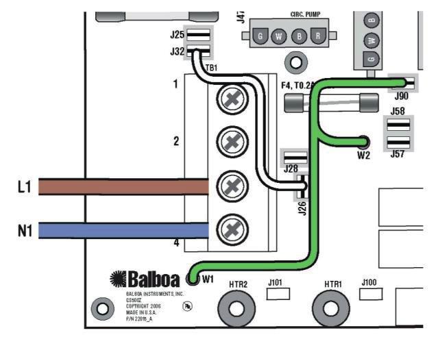 GS5xxZ-serien Alternativ till elektrisk serviskonfiguration Alternativ till elektrisk servicekonfiguration PCB GS500Z PN 22015 Rev A Enfas, TN- och TT-system (1 x 16 A eller 1 x 32 A) 3 kablar (1 fas