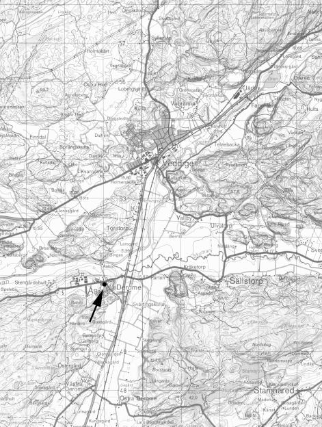 Fig. 2. Utsnitt ur Topografiska kartan, blad 6B SO, med undersökningsplatsen markerad. Skala 1:50 000.