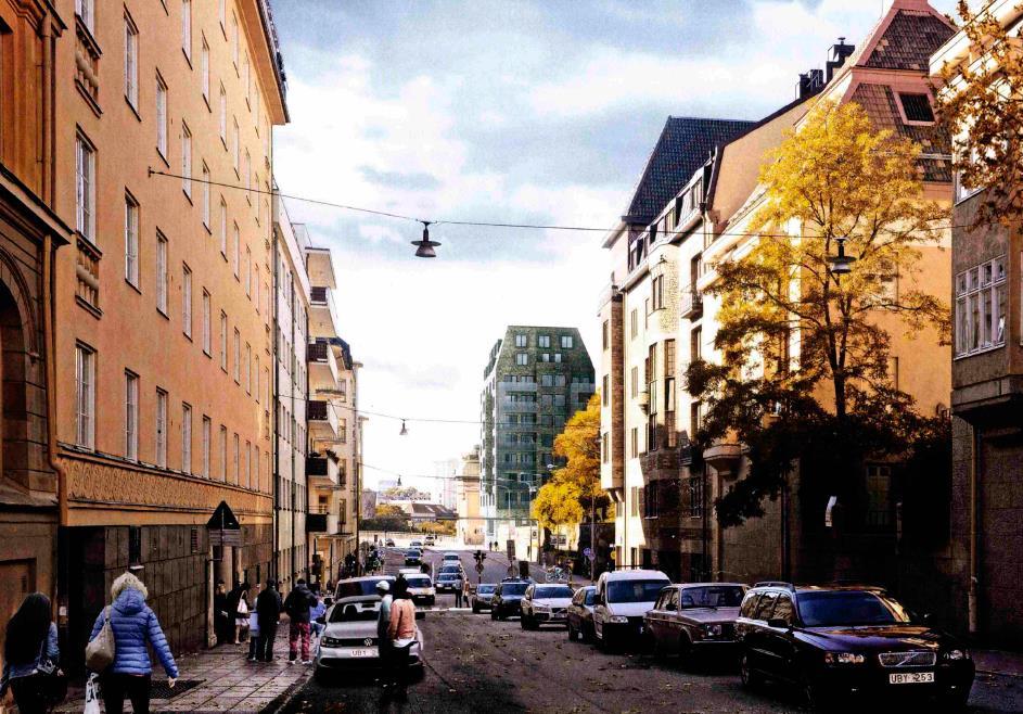 Sida 4 (6) Illustration med byggnaden i fonden, sett från Tegnérgatan längre norrut.