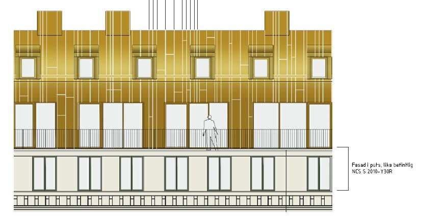 Den första delen av påbyggnaden, våning 5, i den nya gestaltningen är i ovan illustration tänkt att vara i puts medan våning 6, tillsammans med taket är tänkt att vara i metallegering som kan