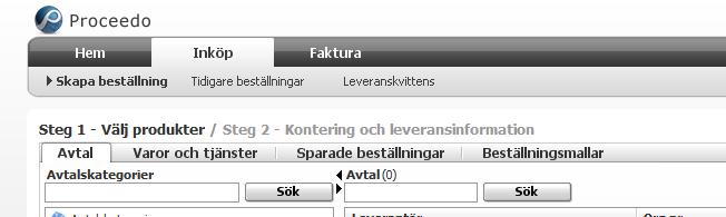 5.1 Skapa beställning (inköpare) För att kunna skapa en beställning måste man ha behörighet som inköpare, välj Inköp/Skapa beställning, se nedan. 5.1.1 Söka fram avtal/produkter Det finns olika sätt att söka fram produkter, gå till Inköp/Skapa beställning.