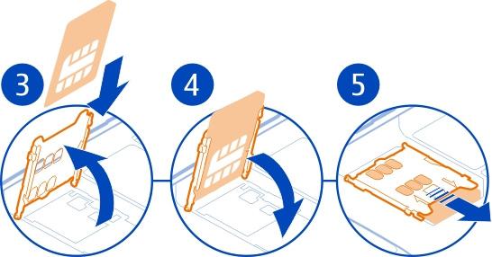 10 Komma i gång 5 Sätt in SIM-kortet i hållaren. Se till att kortets kontaktyta är vänd nedåt när SIMkorthållaren sänks ned. 6 Sänk SIM-korthållaren.