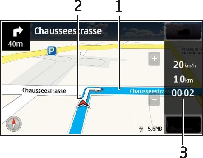 Kartor 87 Navigeringsvy 1 Rutt 2 Din plats och riktning 3 Informationsfält (hastighet, avstånd, tid) Hämta trafik- och säkerhetsinformation Förbättra din körupplevelse med information i realtid om