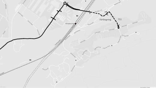 25(98) Linje 711 Flemmingsbergs station Tullinge gymnasium Linjen övervägs att förlängas till Visättra och få dubbelriktad 15-minuterstrafik i båda riktningar, dels för att trafikförsörja nya