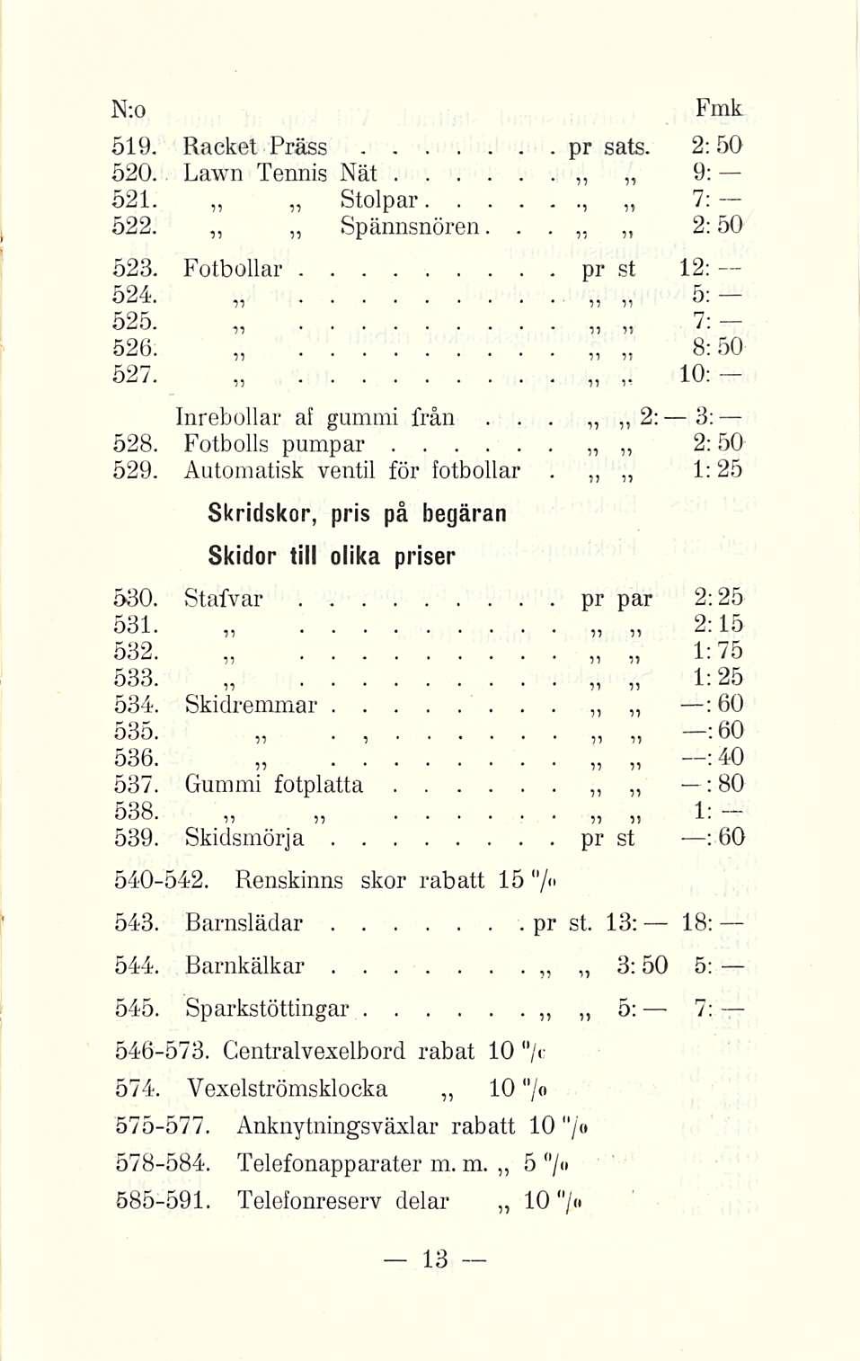 N;o 519 Raeket Präss pr sats 2:50 520 Lawn Tennis Nät 9; 521 Stolpar 7:, 522 Spännsnören 2:50 12: 527 10: 523 Fotbollar pr st 524 5: 525 7: 526 8:50 Inrebollar af gummi från 2: 3: 528 Fotbolls pumpar