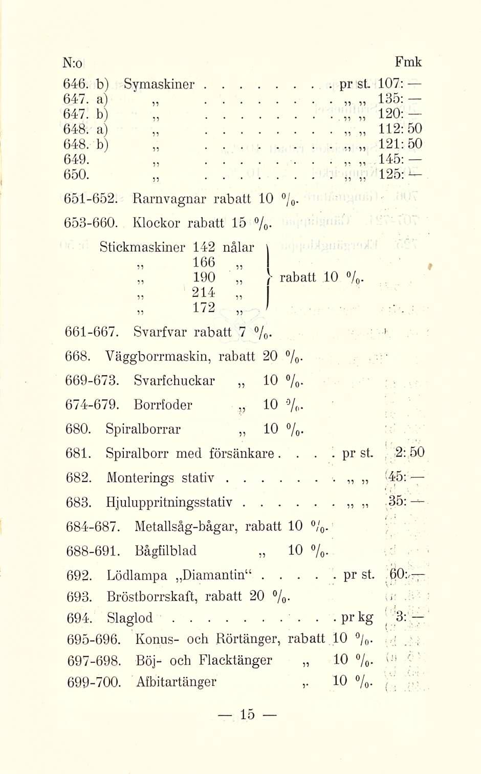 pr prkg 120; ' N;o 646 b) Symaskiner pr st 107; 647 a) 135; 647 b) 112:50 648 a) 121:50 648 b), 649 650 145: 125: 651652 Rarnvagnar rabatt 10 / 0 653660 Klockor rabatt 15 % Stickmaskiner 142 nålar \