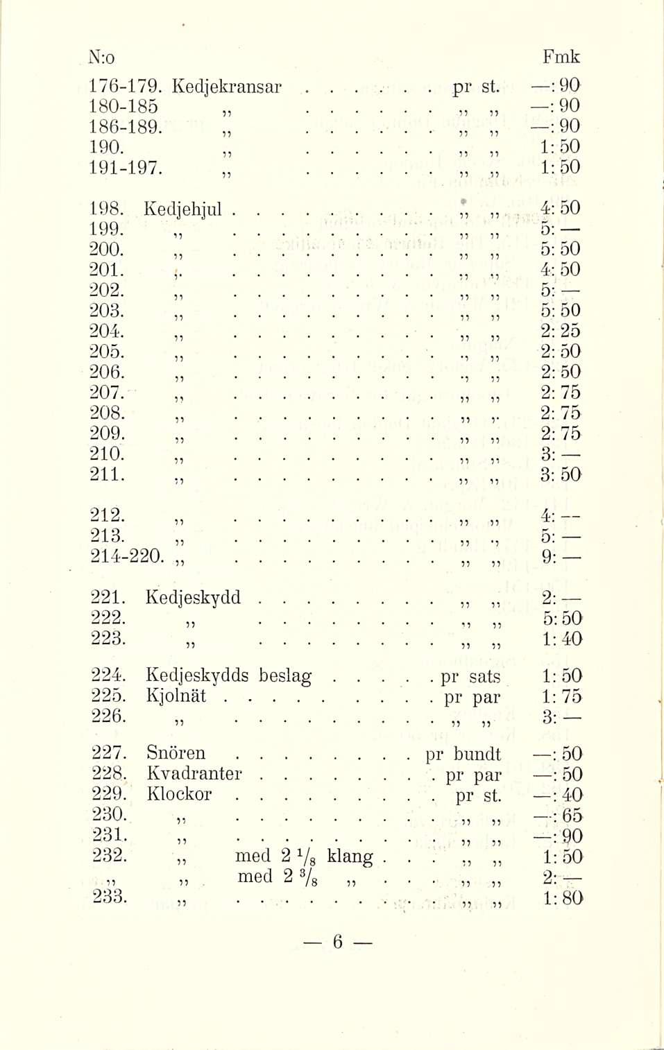176179 Kedjekransar pr st ;9O 180185 186189 : 90 : 90 190 1:50 191197 1:50 198 Kedjehjul 199 j»» 200 5:50 201 j 4:50 202 5: 203 5:50 204 2:25 205 2; 50, 206 2:50, 207 2:75 208 2:75 209 2:75 3: 3:50