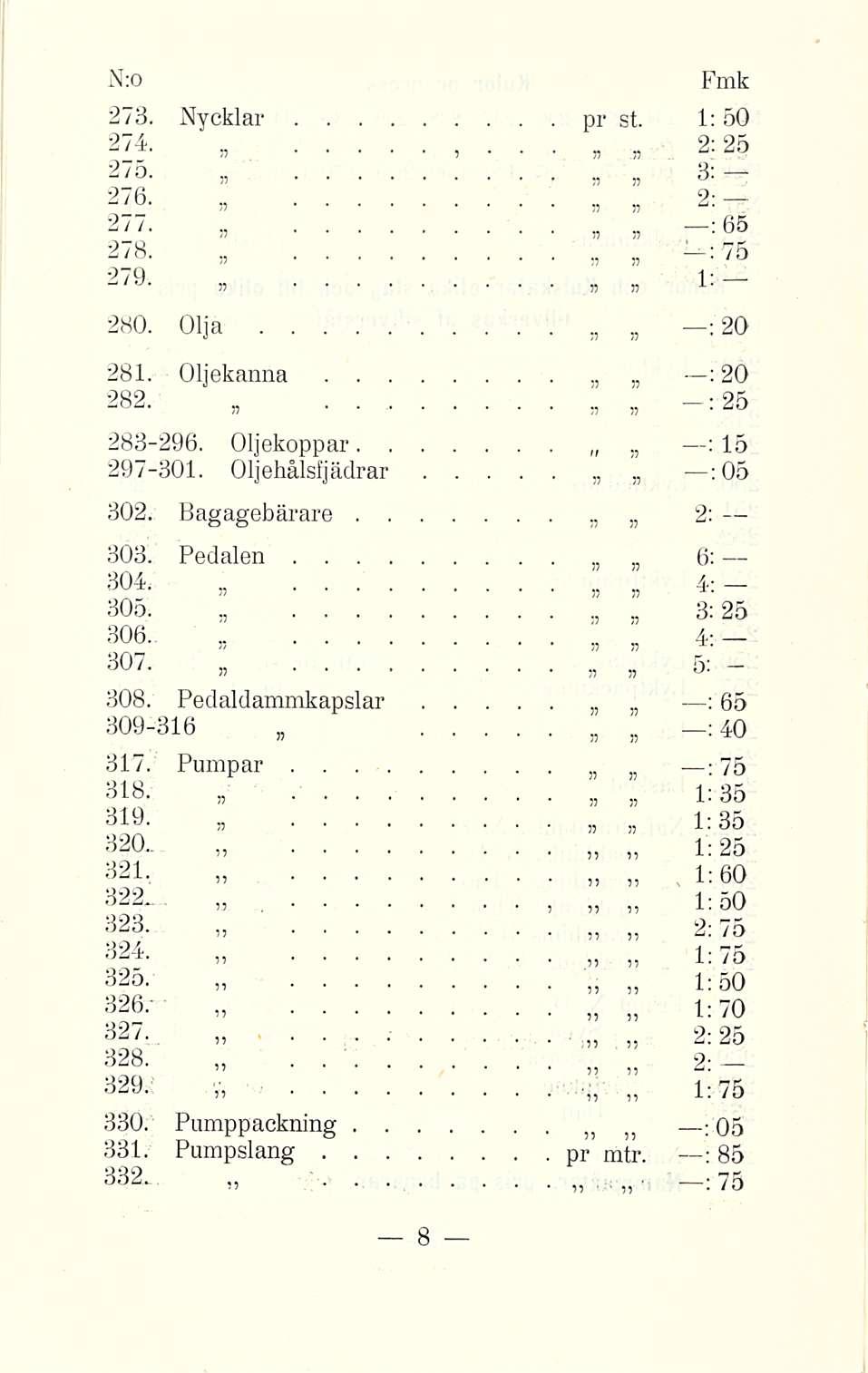 273 Nycklar pr st 1:50 274 2:25 275 n n 3 276 2:» * * 277 :65 278 : 75 279 1: 280 Olja ;2O 281 282 Oljekanna : 20 283296 Oljekoppar 297301 Oljehålsfjädrar : 25 : 15 :O5 302 Bagagebärare 2: 303