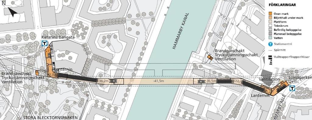 5.2 Station Hammarby Kanal Figur 2. Översikt över föreslagen placering av stationen Hammarby Kanal. Ventilationstorn markeras med lila cirkel.