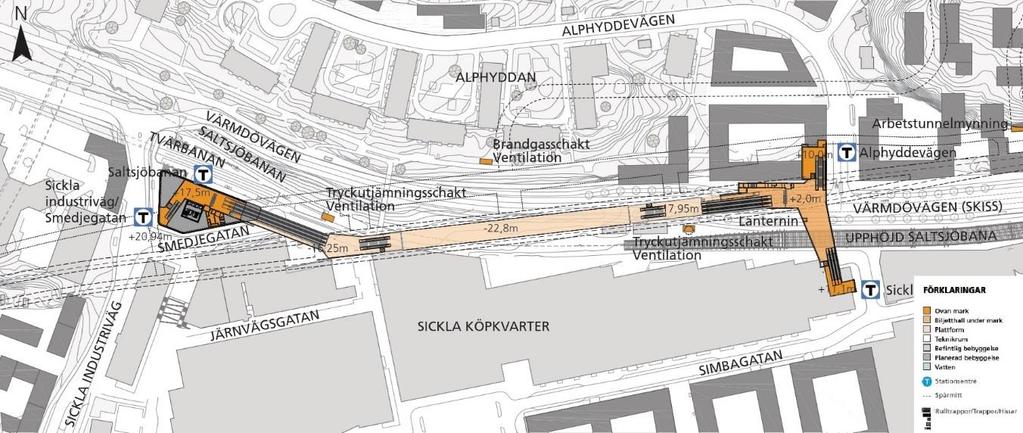 Bostadshus är beläget väster om tornet och ett kontorshus är beläget direkt öster om det södra ventilationstornet. 5.3 Station Sickla Figur 3.