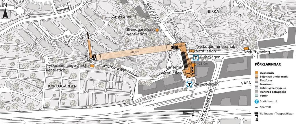 5.4 Station Järla Figur 4. Översikt över föreslagen placering av stationen Järla. Ventilationstorn markeras med lila cirkel.