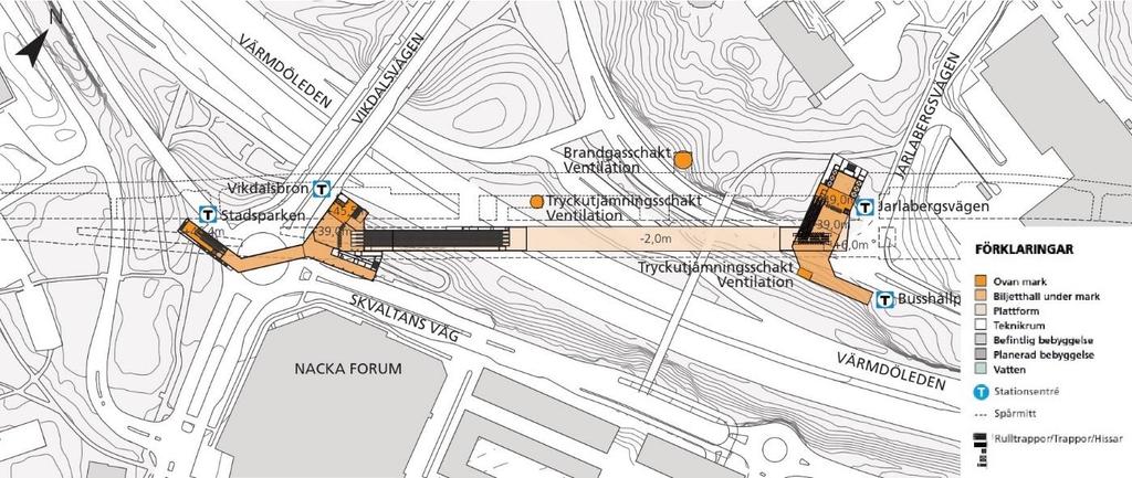 5.5 Station Nacka Centrum Figur 5. Översikt över föreslagen placering av stationen Nacka utan planerad stadsomvandling. Ventilationstorn markeras med lila cirkel. Figur 6.